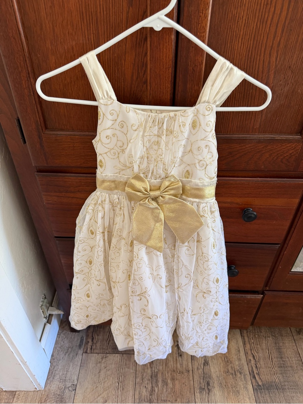 Girls Cream and Gold Bow Party Dress